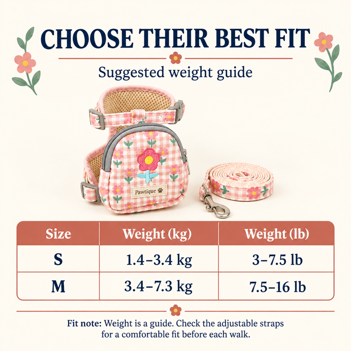 Pawtique BloomPack harness suggested weight fit guide