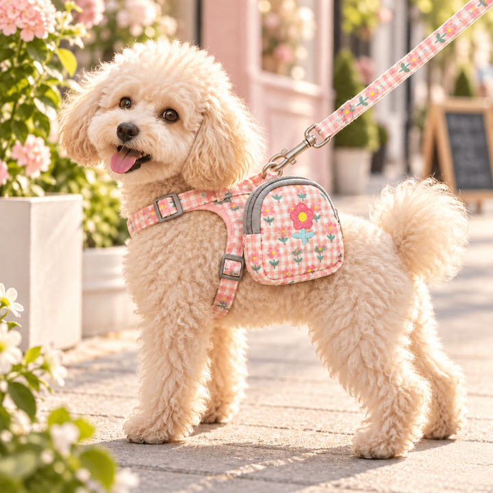 Dog wearing pink BloomPack floral pouch harness with matching leash