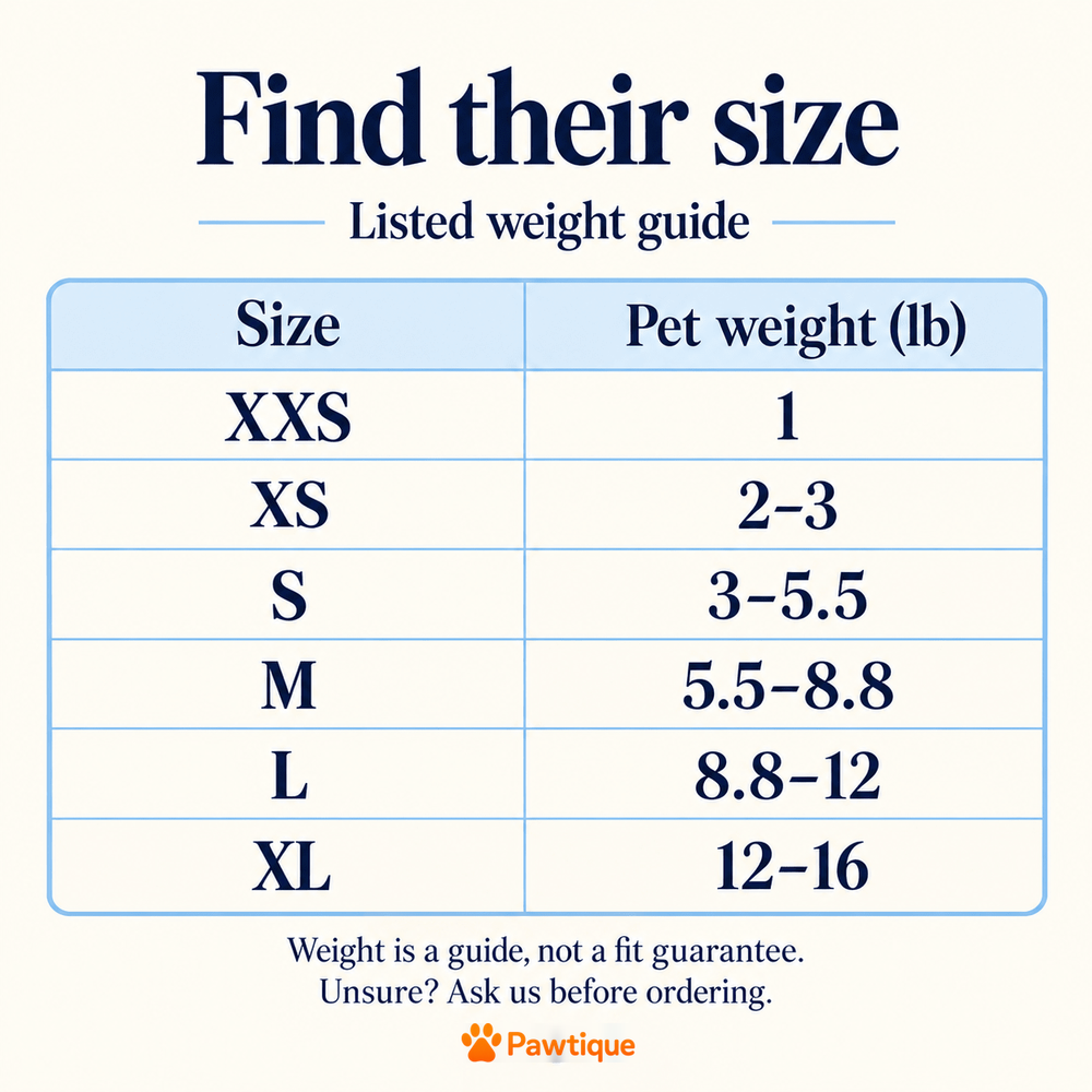 Bloomruffle existing listed weight size guide, XXS through XL; weight is not a fit guarantee