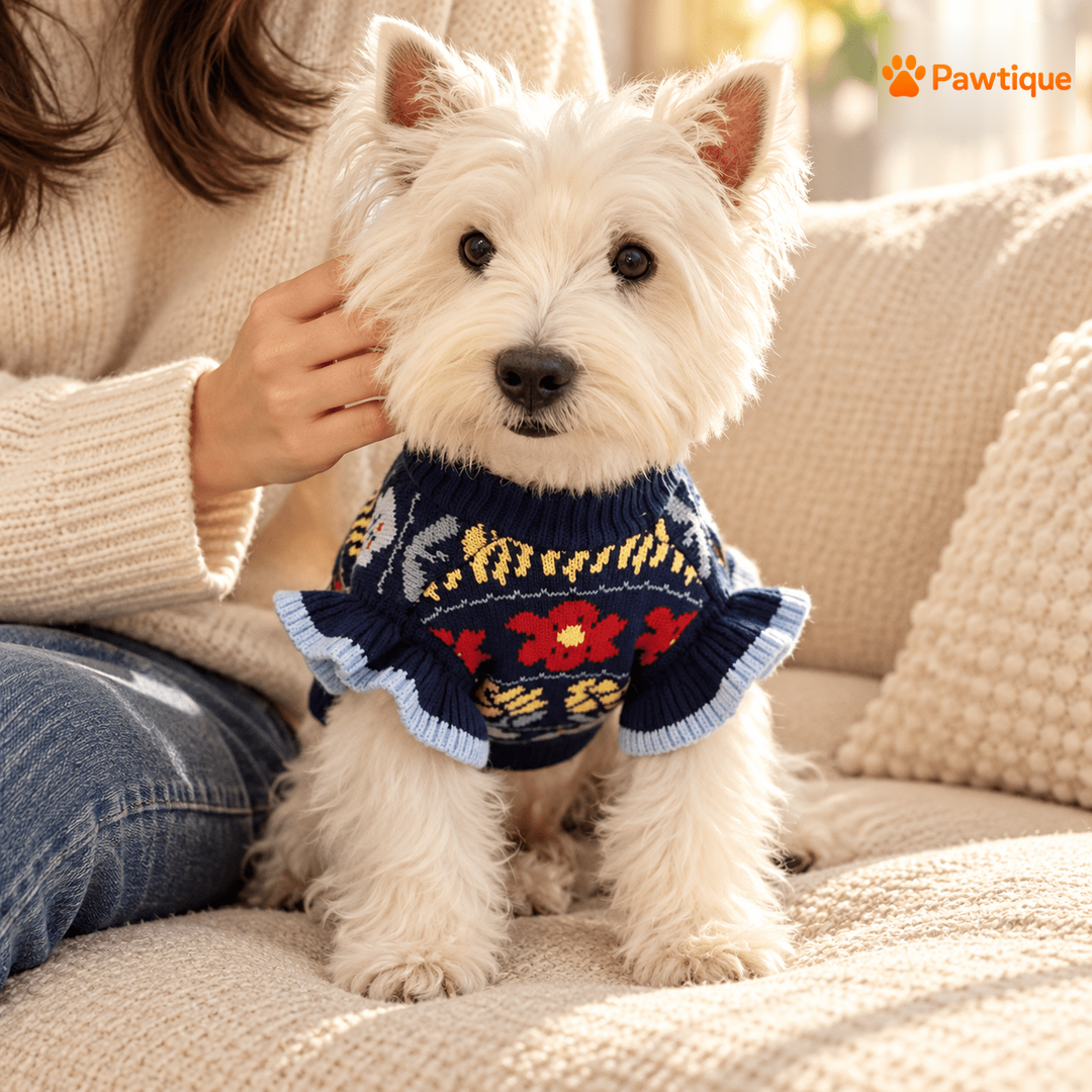 Dog wearing the navy floral Bloomruffle sweater beside their owner