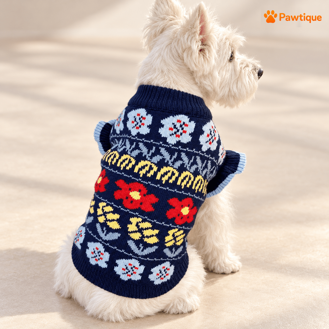 Rear view of the Bloomruffle sweater showing the floral knit pattern