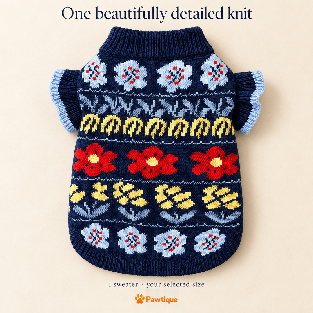 One navy floral Bloomruffle sweater with ruffled front-leg openings