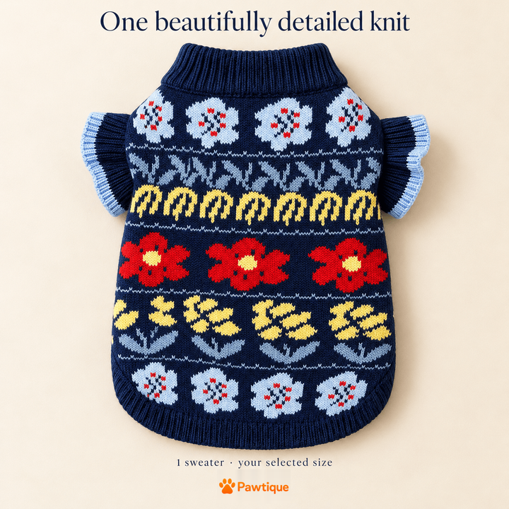 One navy floral Bloomruffle sweater with ruffled front-leg openings
