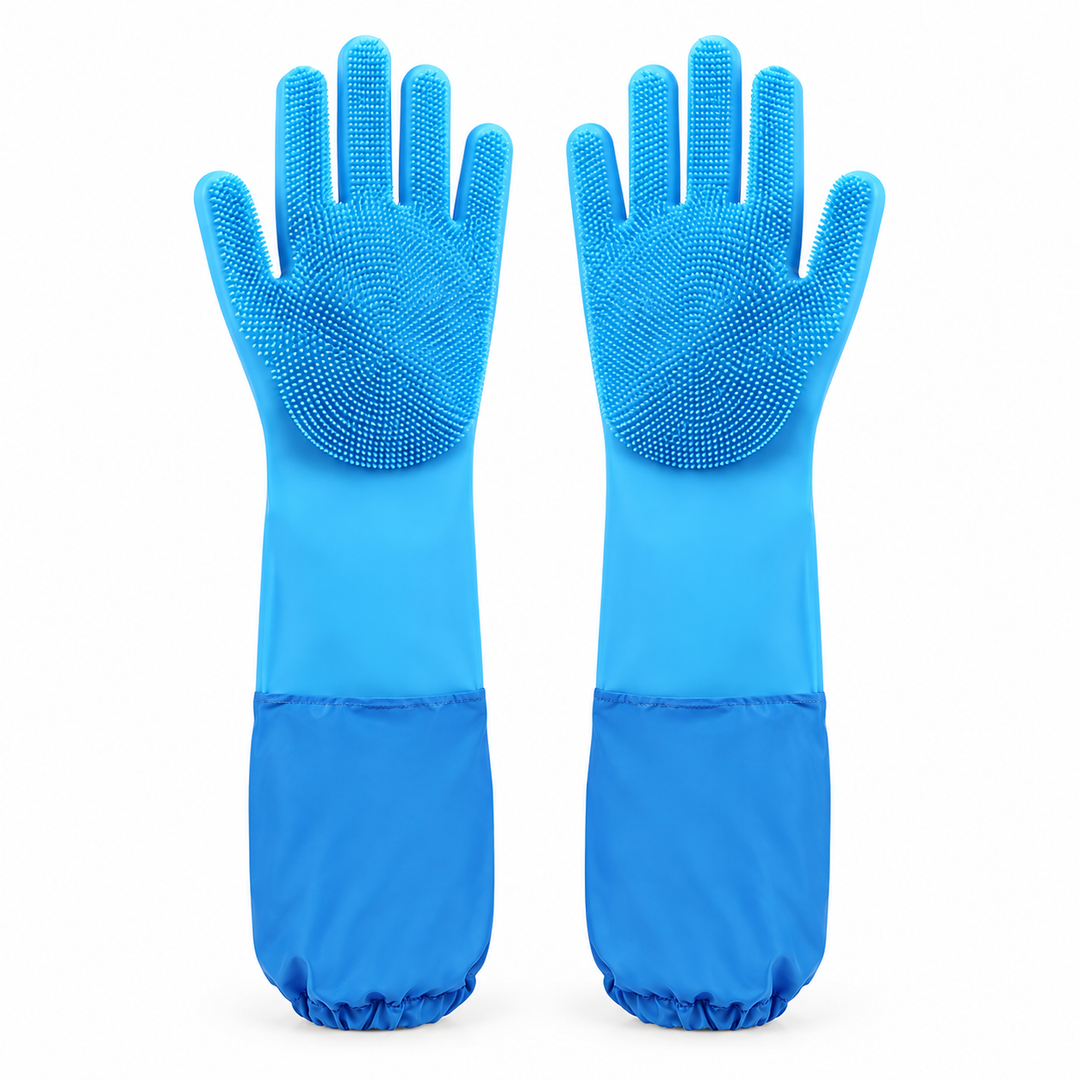 Pair of Blue extra-long bathing gloves with bristled palms and complete gathered cuffs