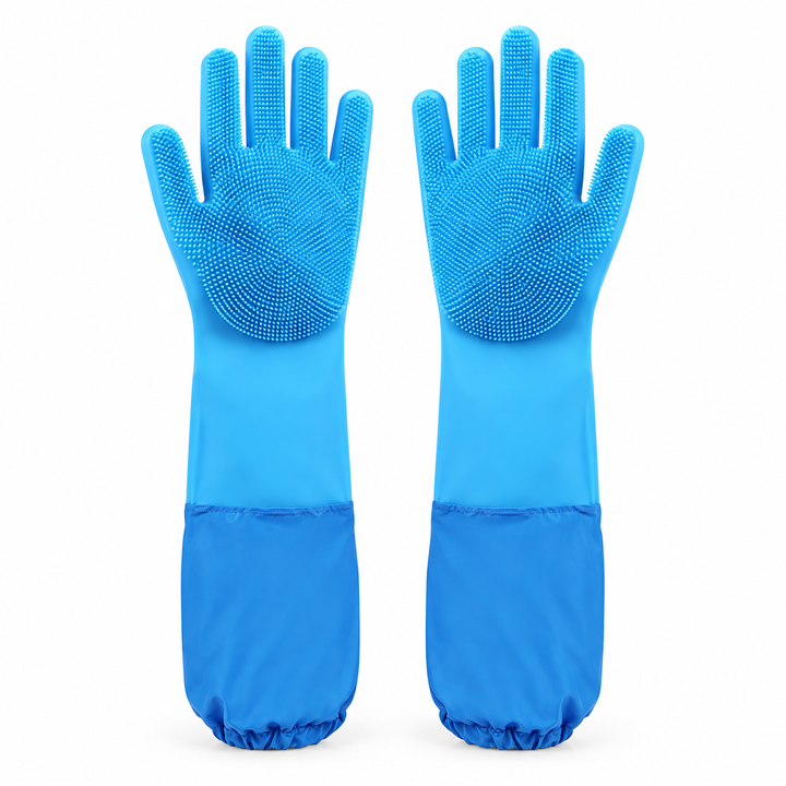 Pair of Blue extra-long bathing gloves with bristled palms and complete gathered cuffs
