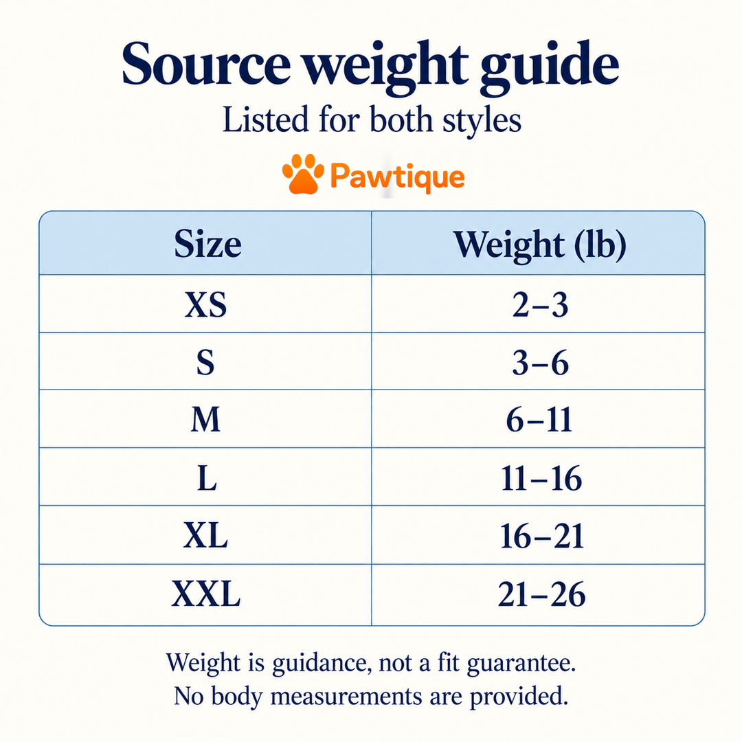 Existing source weight guide in pounds for both styles