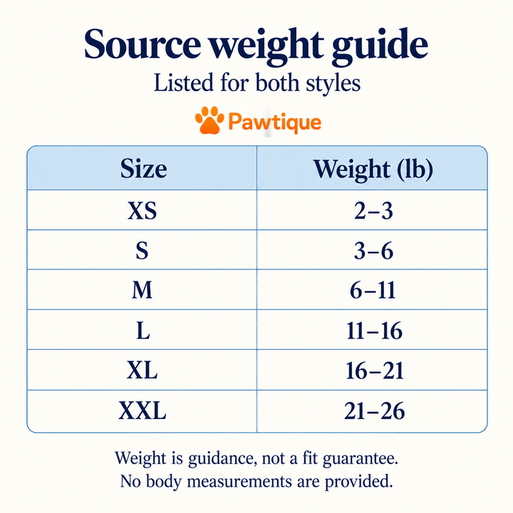Existing source weight guide in pounds for both styles