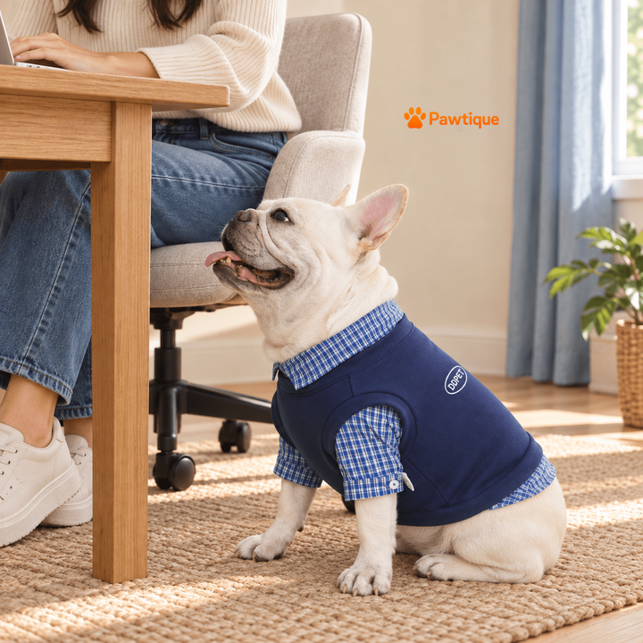 Dog beside owner in layered shirt