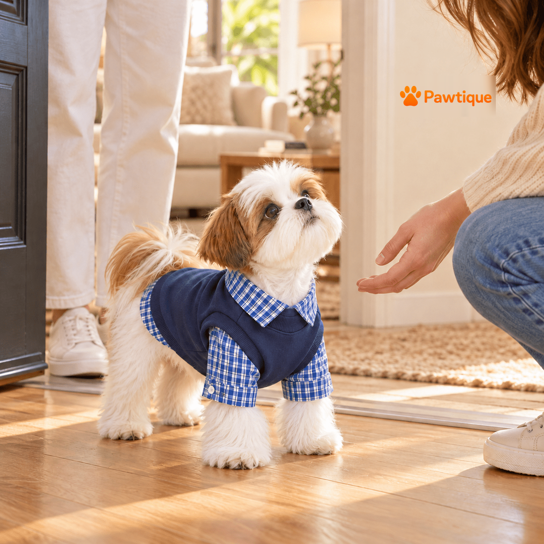 Dog greeting owner in layered shirt