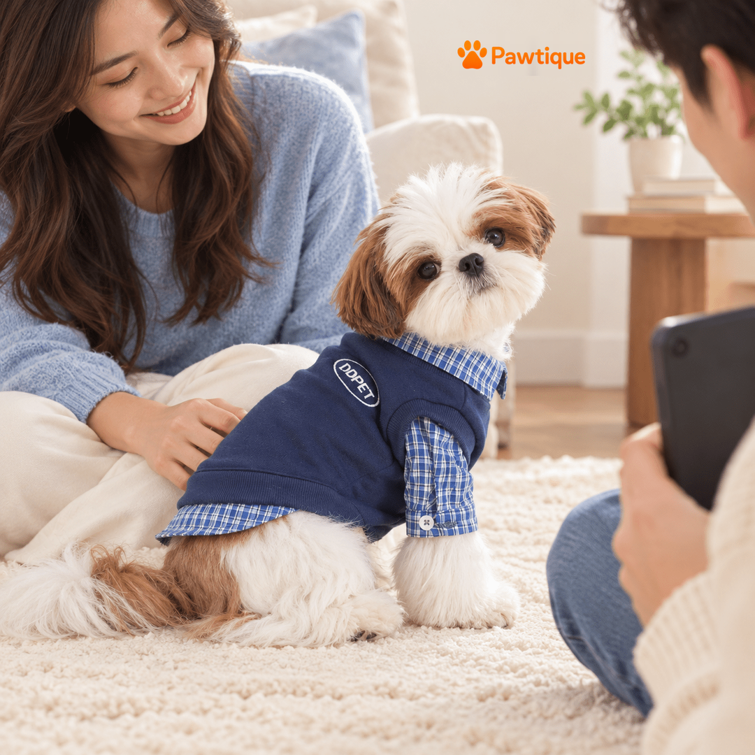 Owner photographing dog in blue checked shirt