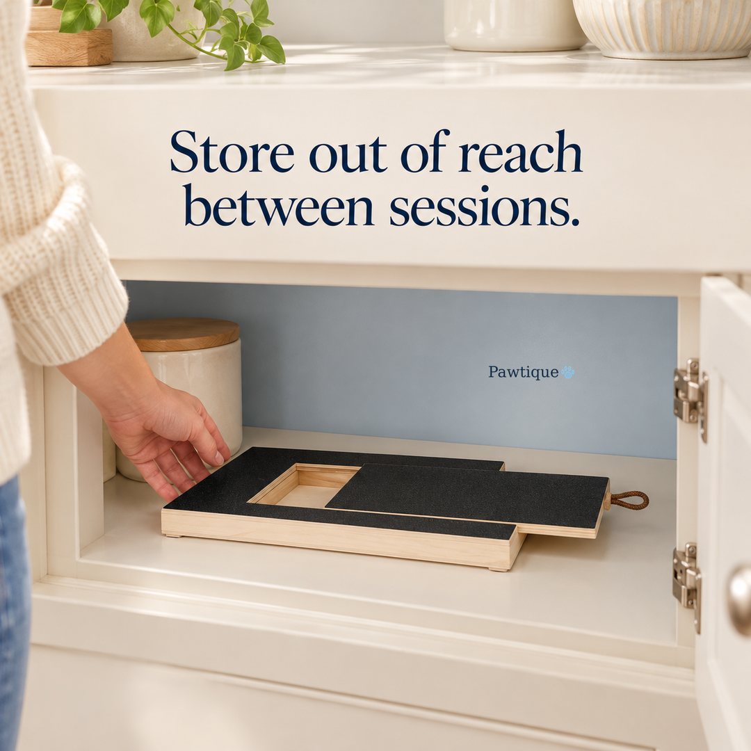 Adult putting the scratch board into a cupboard between sessions, with guidance to store it out of reach and a smaller interior Pawtique wordmark.