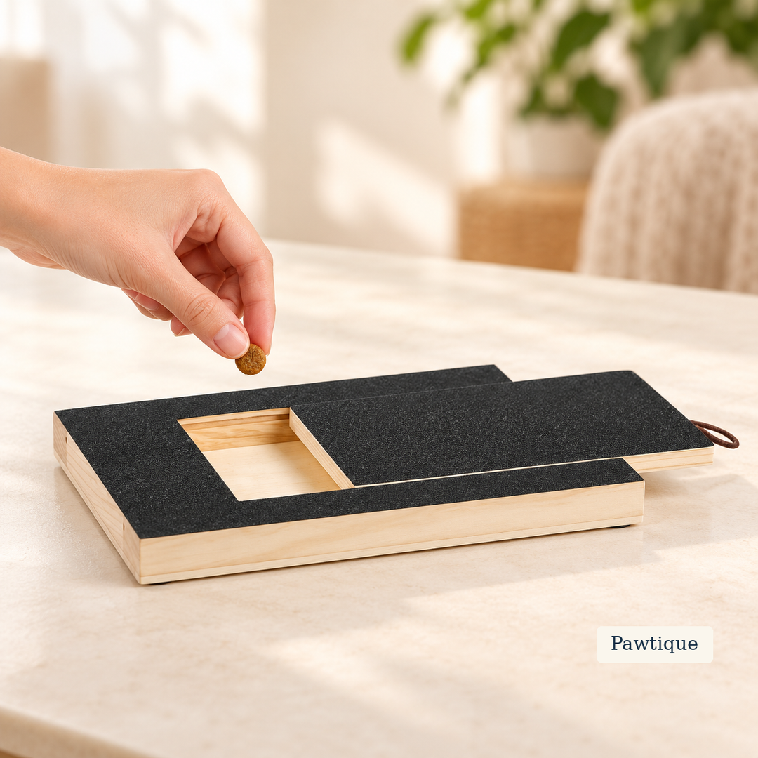 Hand holding a treat above the open compartment beneath the scratch board’s sliding lid.