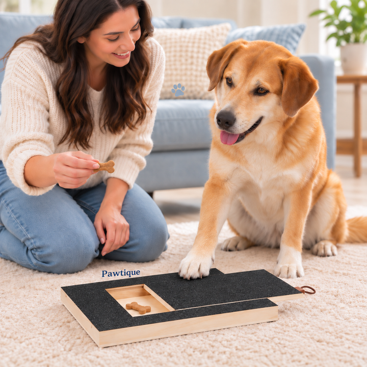 Owner rewarding a dog during a supervised introduction to a scratch board with a textured black abrasive surface; treats are props.