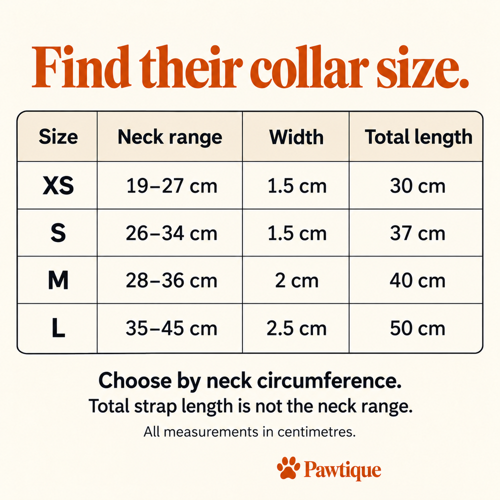 Bone Detail collar size guide: XS neck 19–27 cm; S 26–34 cm; M 28–36 cm; L 35–45 cm, with widths and total lengths