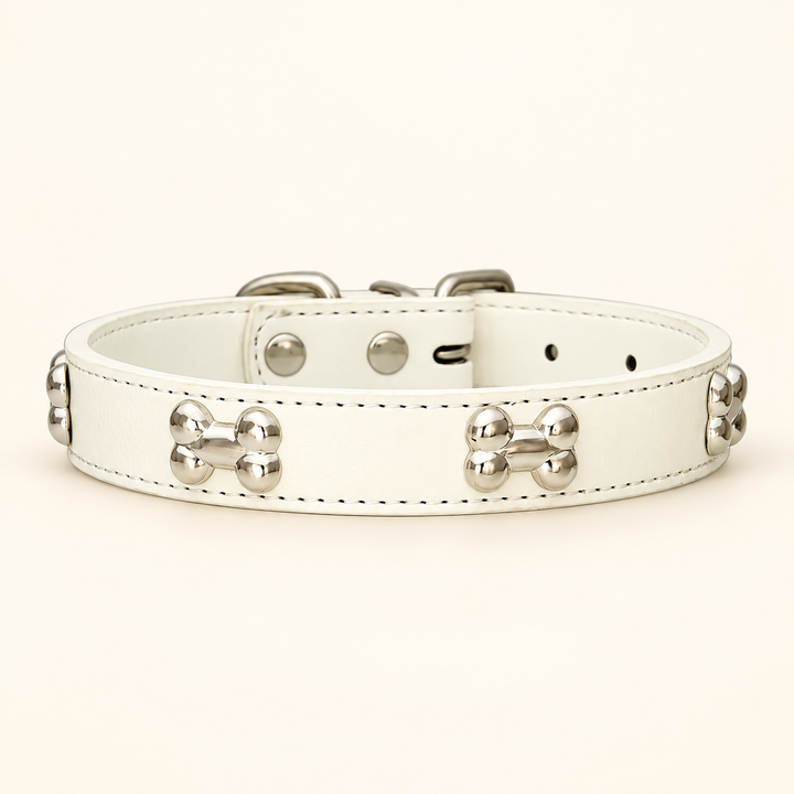 White bone-detail faux-leather dog collar with stitched edges and silver-tone bone decorations
