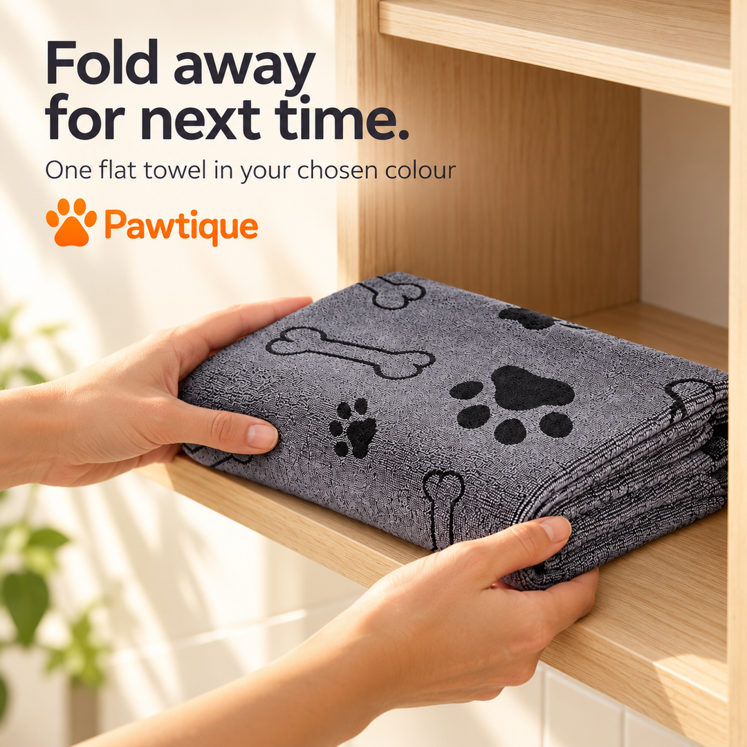 One grey bone-and-paw microfiber towel being folded away on a shelf