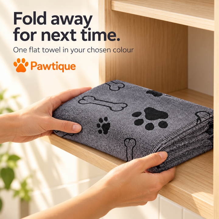 One grey bone-and-paw microfiber towel being folded away on a shelf