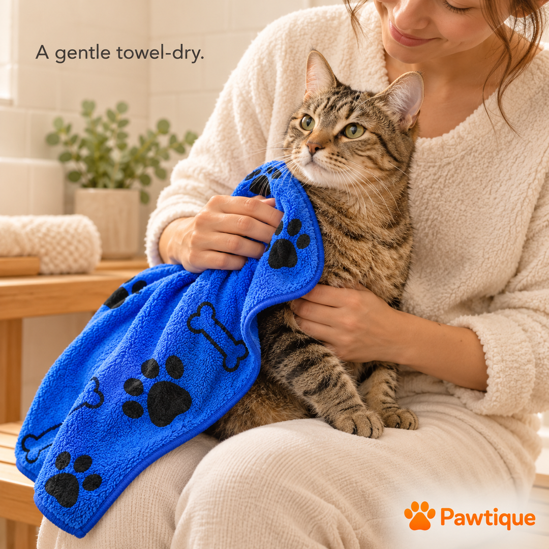 Owner gently towel-drying a cat with the blue bone-and-paw microfiber towel