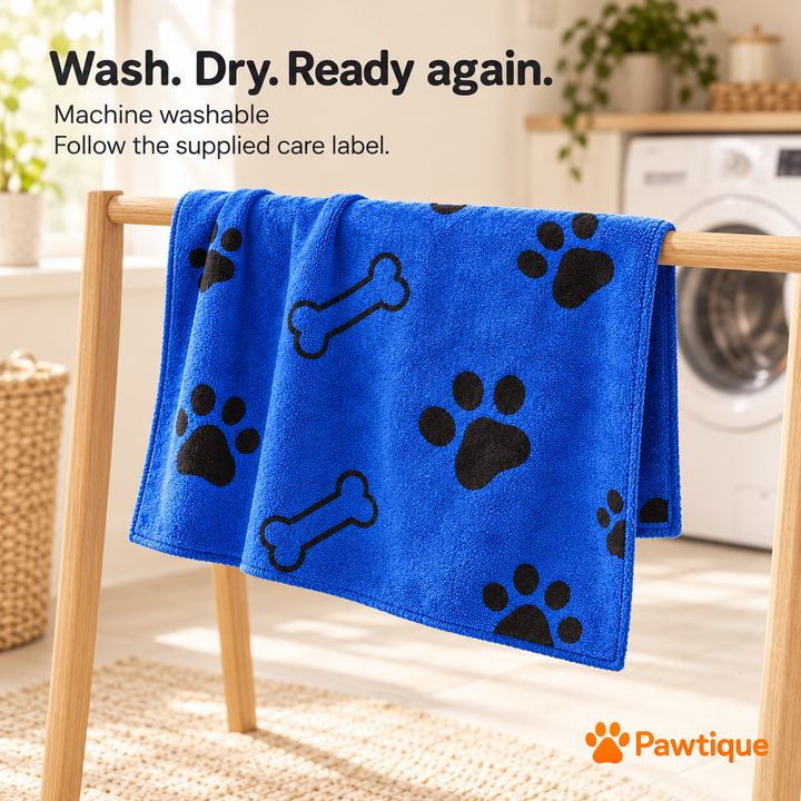 Blue bone-and-paw pet towel drying on a rail with machine-wash and care-label guidance