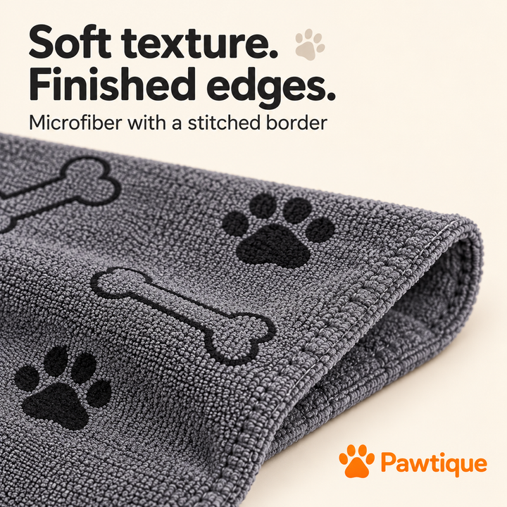 Close-up of grey microfiber towel fabric with bone-and-paw print and stitched border