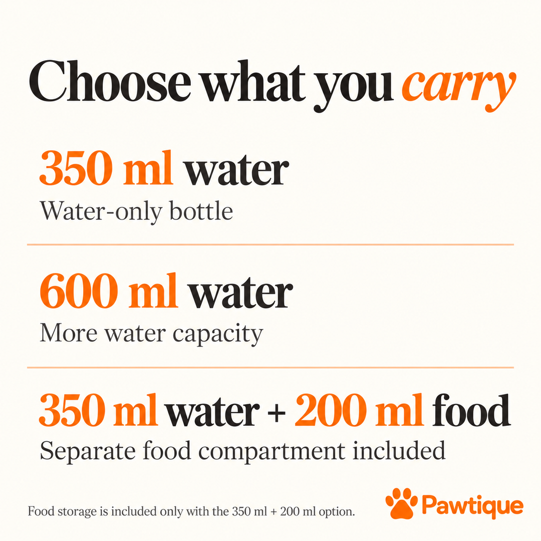 Choose 350 ml water, 600 ml water, or 350 ml water plus 200 ml food; only the last option includes food storage.