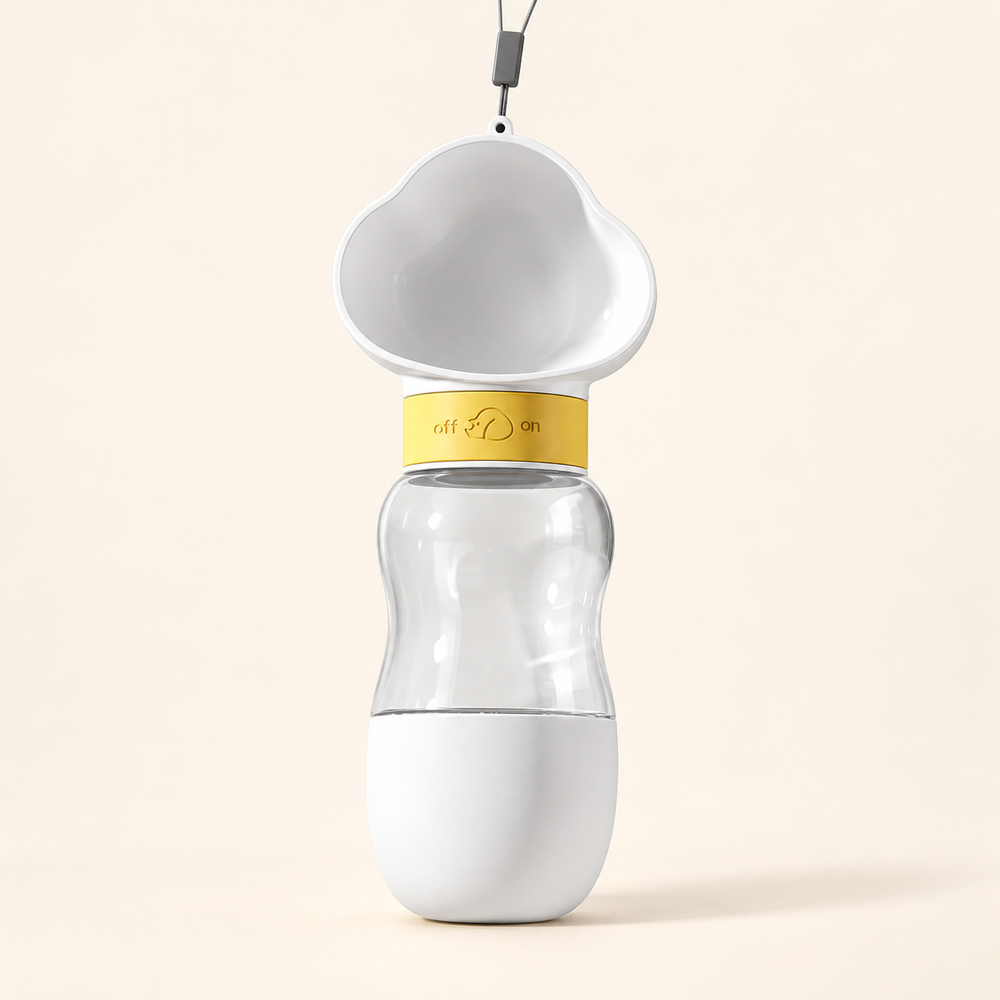 Water-and-food bottle configuration with separate white lower food compartment.