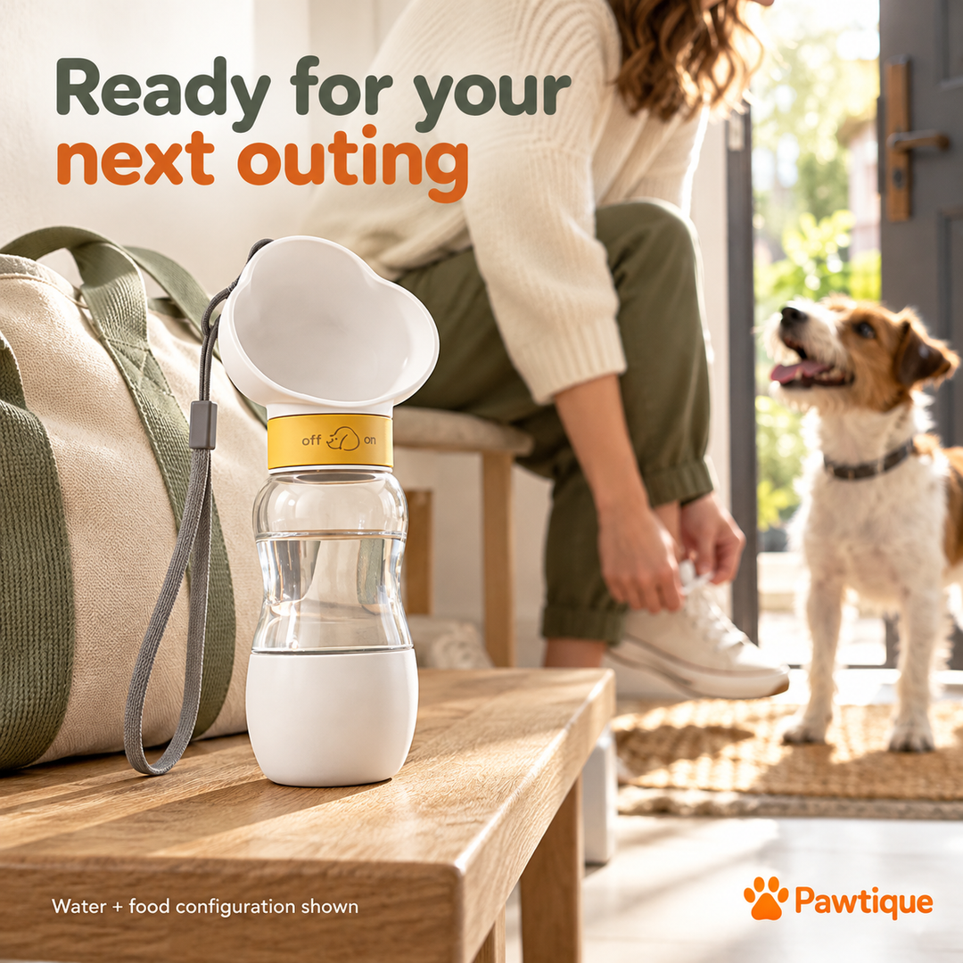 Water-and-food bottle prepared for a dog outing, with its white lower compartment attached.