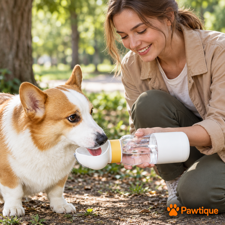 Owner offers a corgi water in the bottle&
