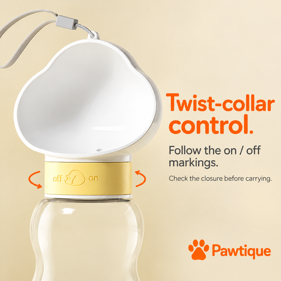 Yellow twist collar with off and on markings below the integrated white drinking bowl.