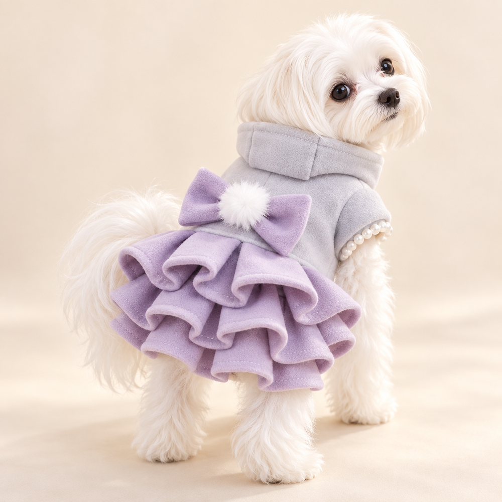 Pawtique BowBelle layered dog dress coat in Lavender