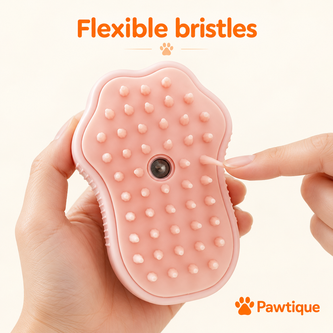 Flexible pink bristles and central spray outlet on the underside of the grooming brush.