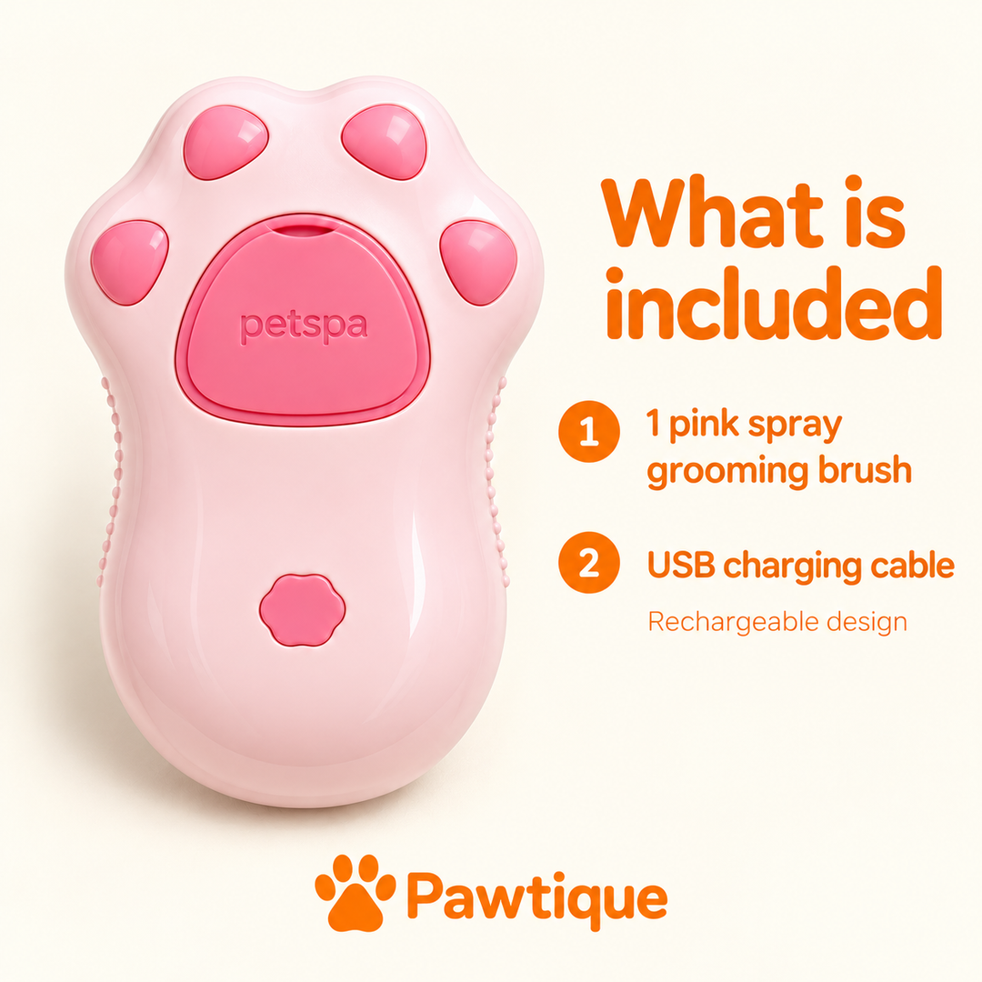 Package information for one pink rechargeable spray grooming brush and a USB charging cable.