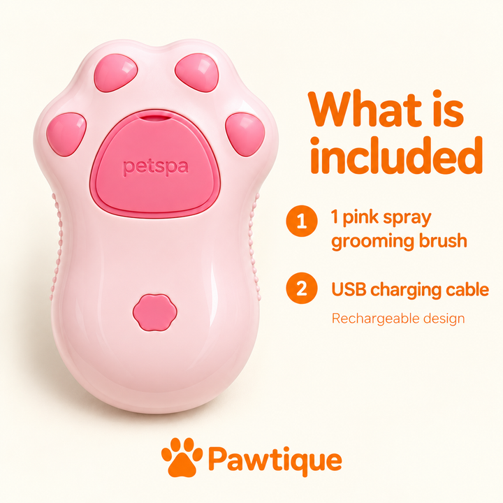 Package information for one pink rechargeable spray grooming brush and a USB charging cable.