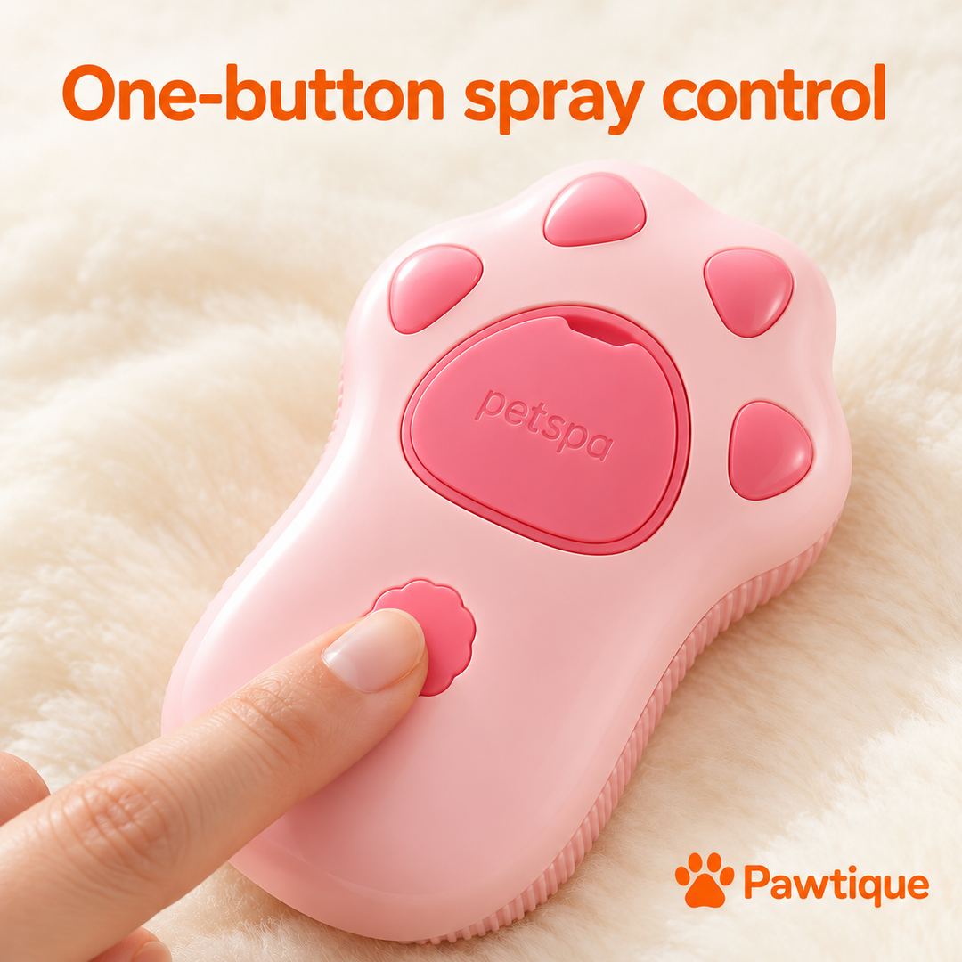 A fingertip presses the small scalloped spray-control button below the petspa-marked cap.