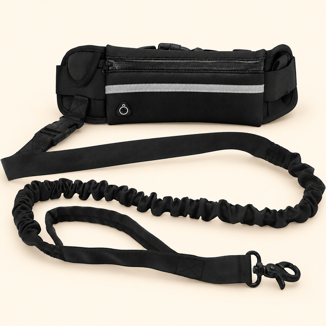 Black waist bag with attached black bungee dog leash on cream background