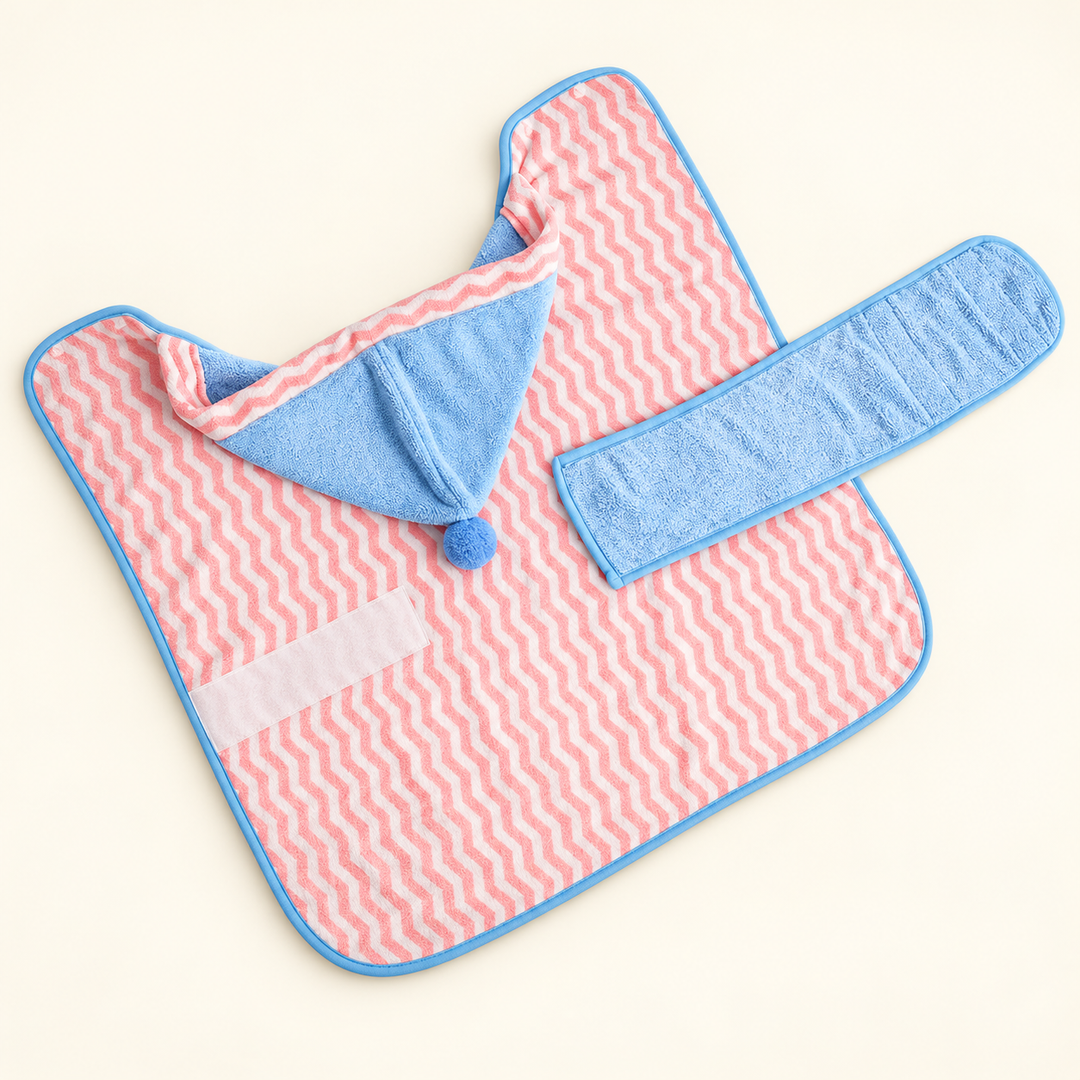 Pink and white chevron pet bathrobe with blue pom-pom hood and waist tab