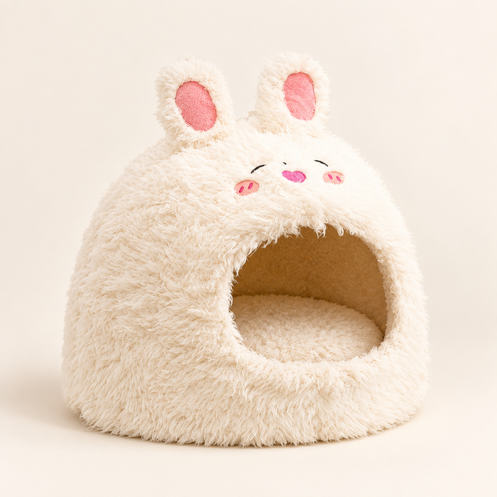 Pawtique BunnyBurrow plush rabbit cat cave bed on warm neutral studio background