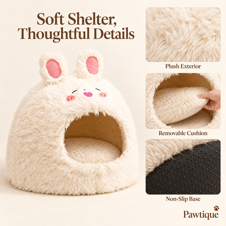 Pawtique BunnyBurrow plush exterior removable cushion and non-slip base details