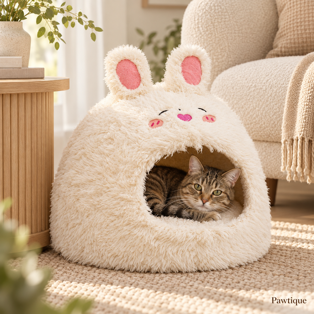 Tabby cat resting in Pawtique BunnyBurrow plush cat cave in a warm living room