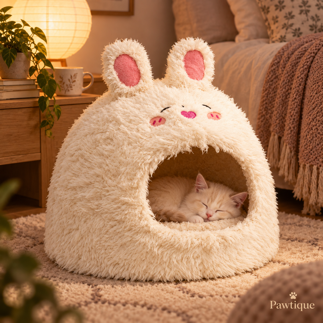 Cream kitten sleeping in Pawtique BunnyBurrow cat cave in a cozy bedroom