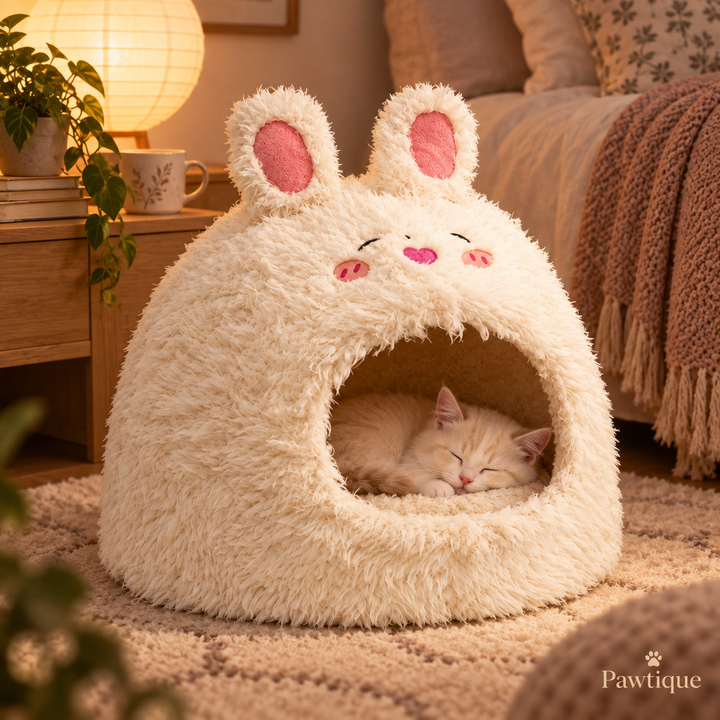 Cream kitten sleeping in Pawtique BunnyBurrow cat cave in a cozy bedroom