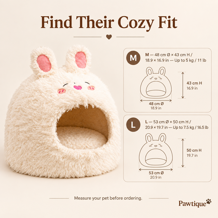 Pawtique BunnyBurrow cat cave size guide for medium and large