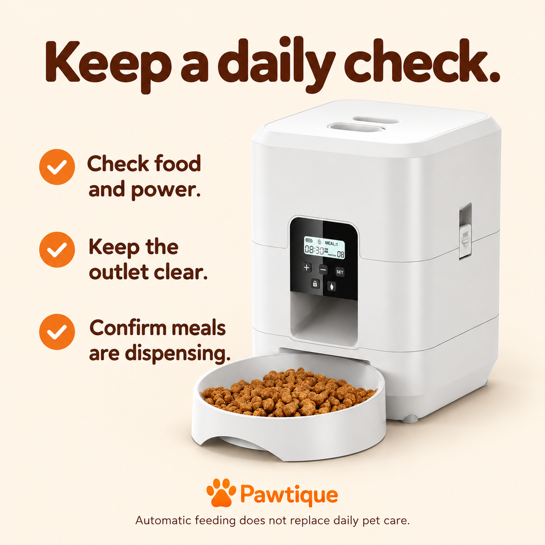 Daily feeder checks for food, power, clear outlet and correct dispensing.