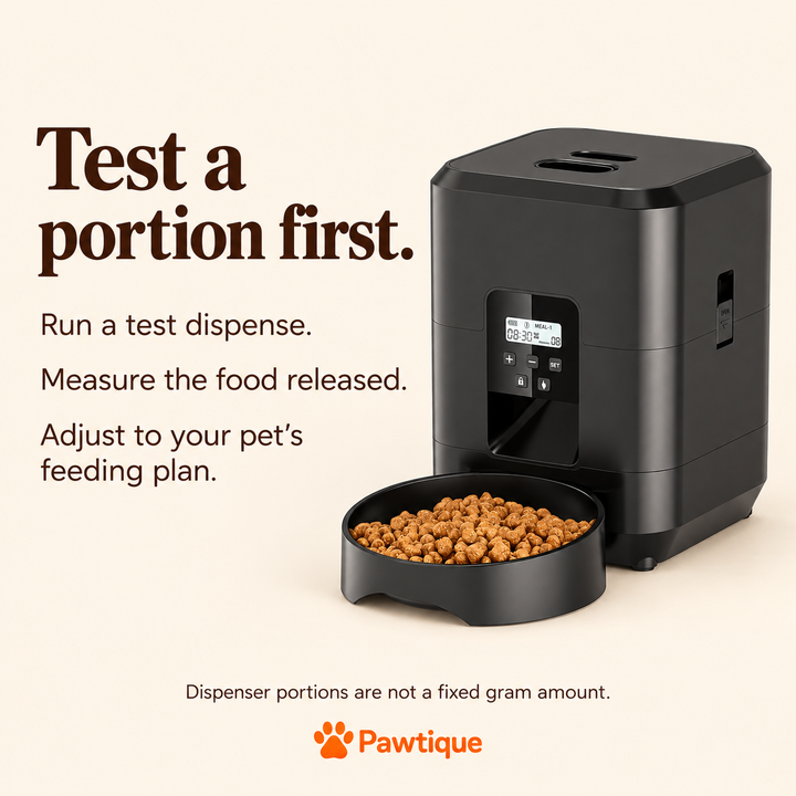 Test and measure a dispenser portion with your chosen dry food before setting meals.