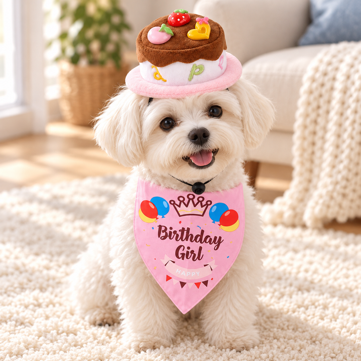 Pink Balloon Candy Birthday bandana and cake-style hat on a small white dog in warm daylight