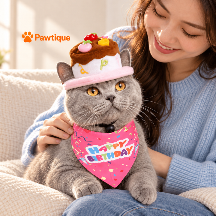 Candy Birthday pink ribbon bandana and matching cake-style hat worn by a gray cat during a supervised birthday photo moment