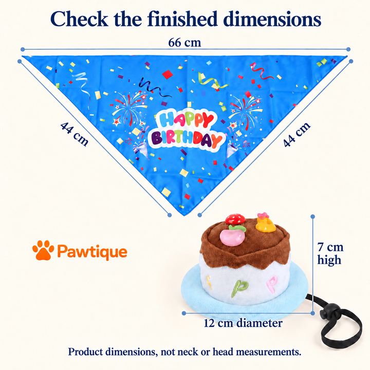 Finished dimensions of Candy Birthday bandana and cake-style hat: 66 cm long edge, 44 cm side edges, 12 cm hat brim diameter, 7 cm hat height