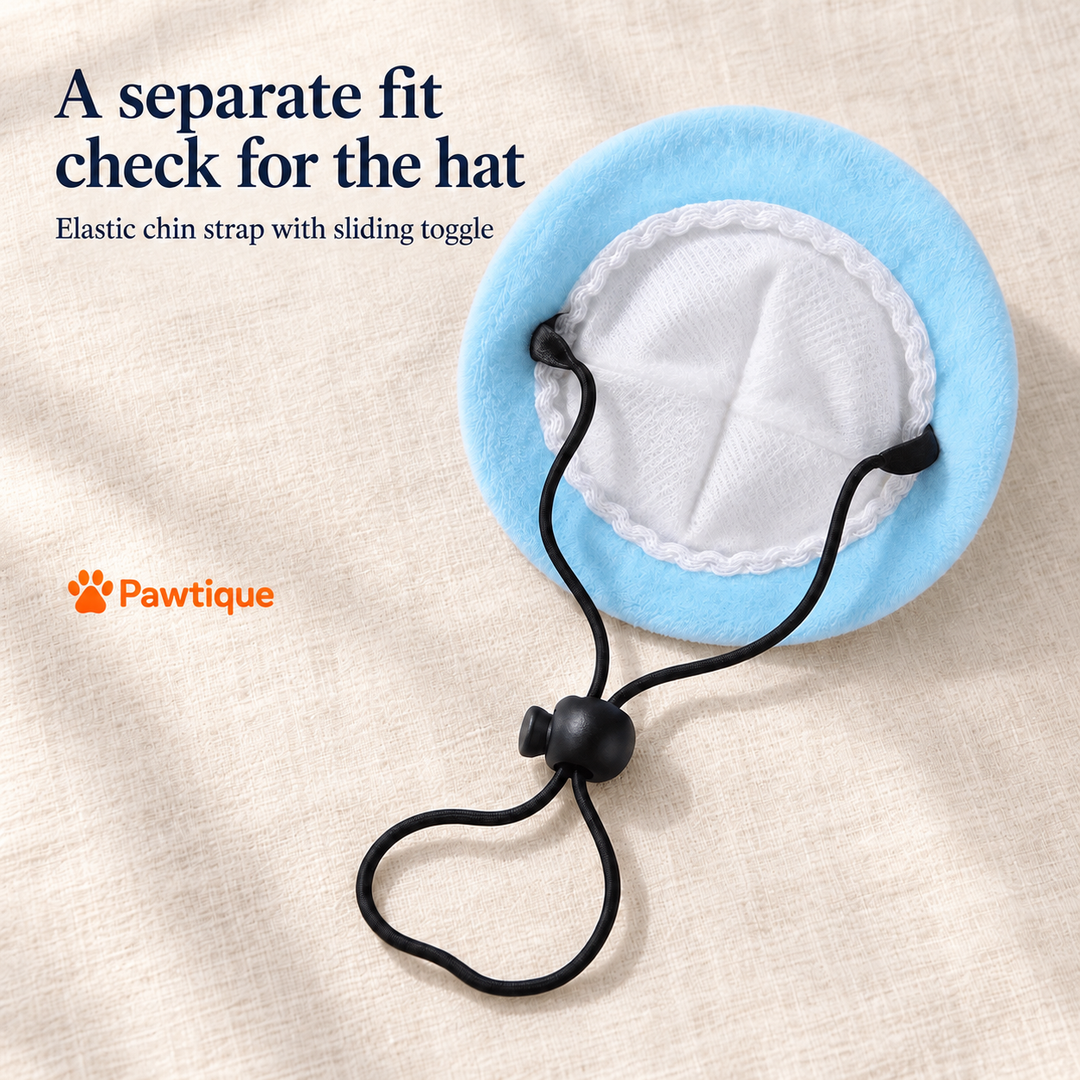 Blue cake-style hat underside showing its black elastic chin strap and sliding toggle