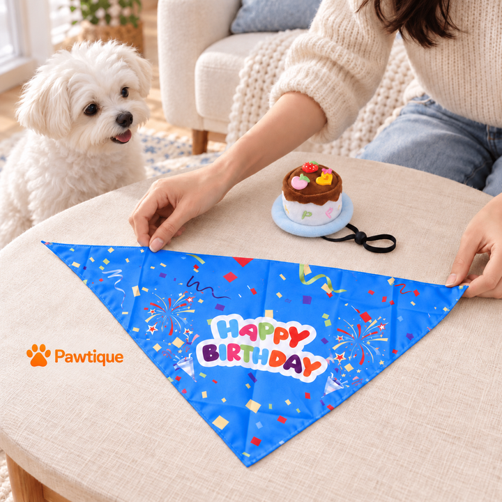 Blue ribbon birthday bandana laid flat beside matching cake-style hat, with a dog and owner preparing a photo moment