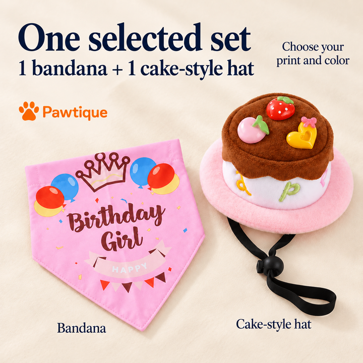 One selected Pink Balloon birthday bandana and one matching pink-brimmed cake-style hat